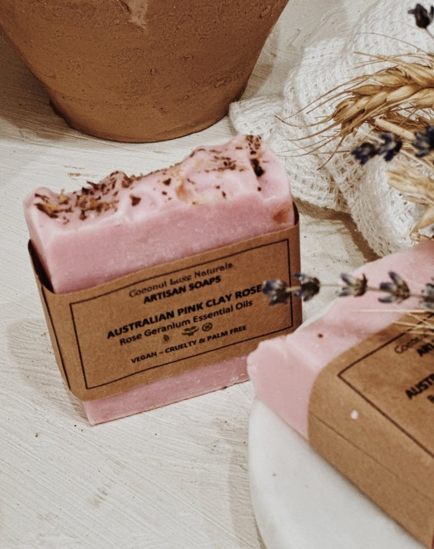 australian pink clay handmade soap with rose petals, vegan and natural, available in various sizes including soap on a rope