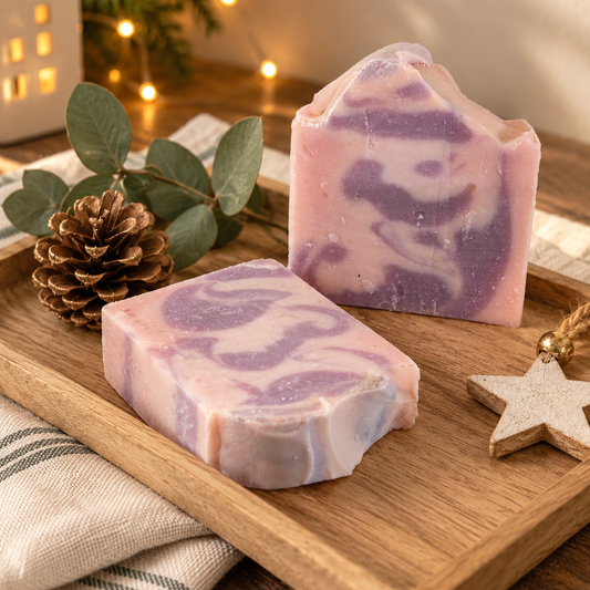 Holly Jolly handmade Christmas soap bar with pink and lilac swirls by Coconut Luxe Naturals