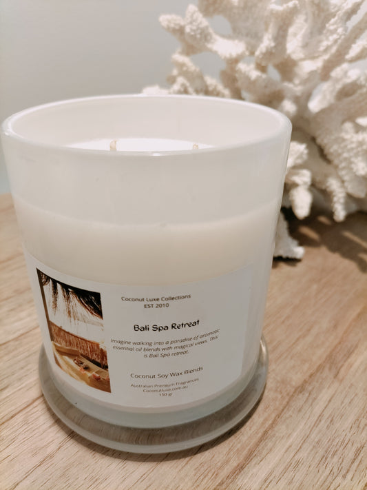 Wholesale candles, candle making classes near me, private label candles, soy candles near me bali spa retreat coconut wax candle in white danube jar with clear lid, double wick, tropical aroma.
